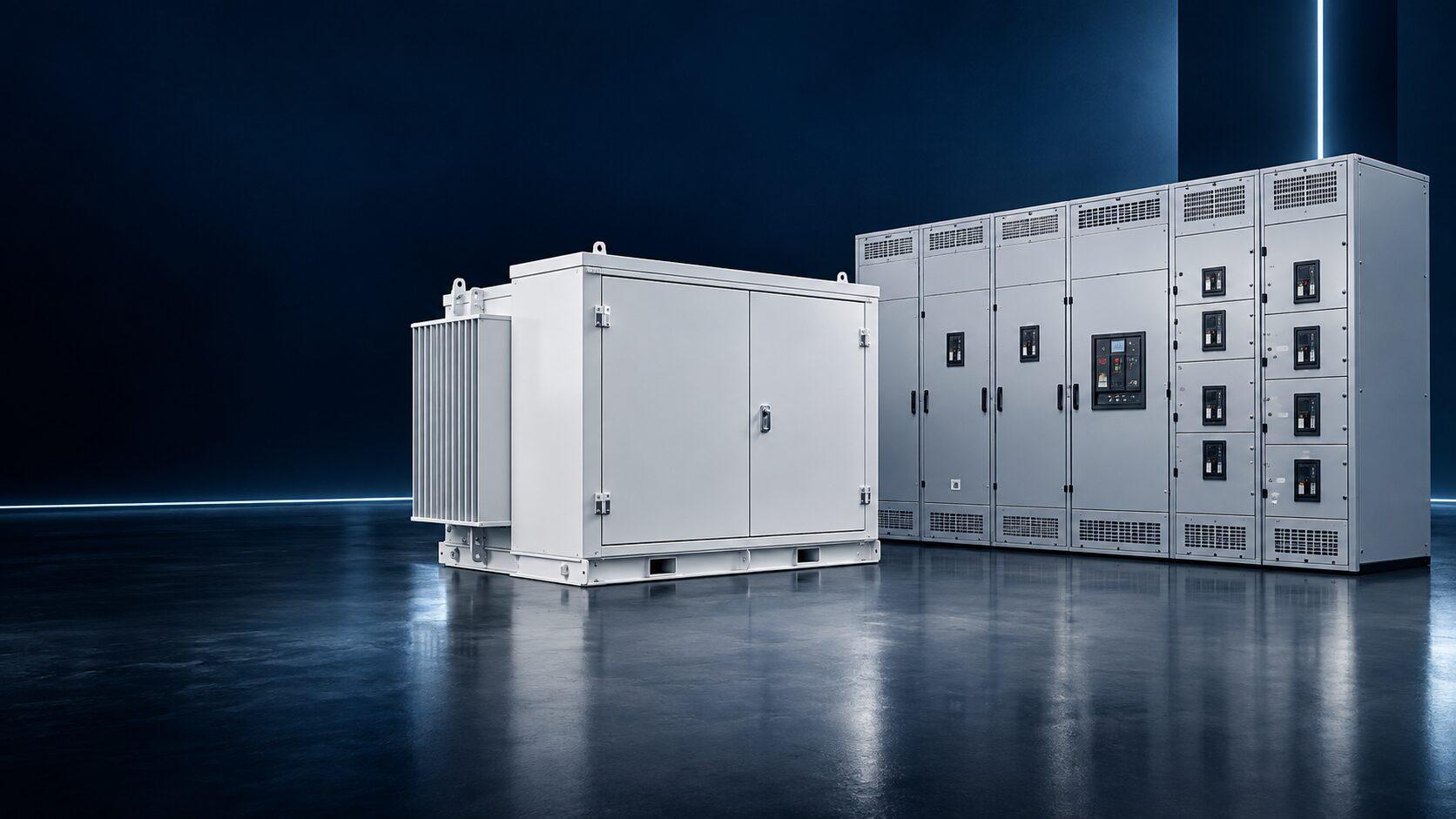 OMEX pad-mounted transformer beside a low-voltage switchboard lineup
